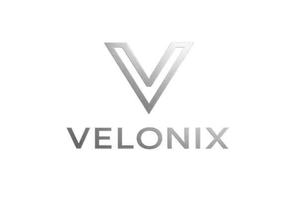 Design a sleek, modern logo for Velonix, a luxury electronics brand. Use clean lines, bold typography, and a black-and-metallic color scheme to reflect innovation and exclusivity.